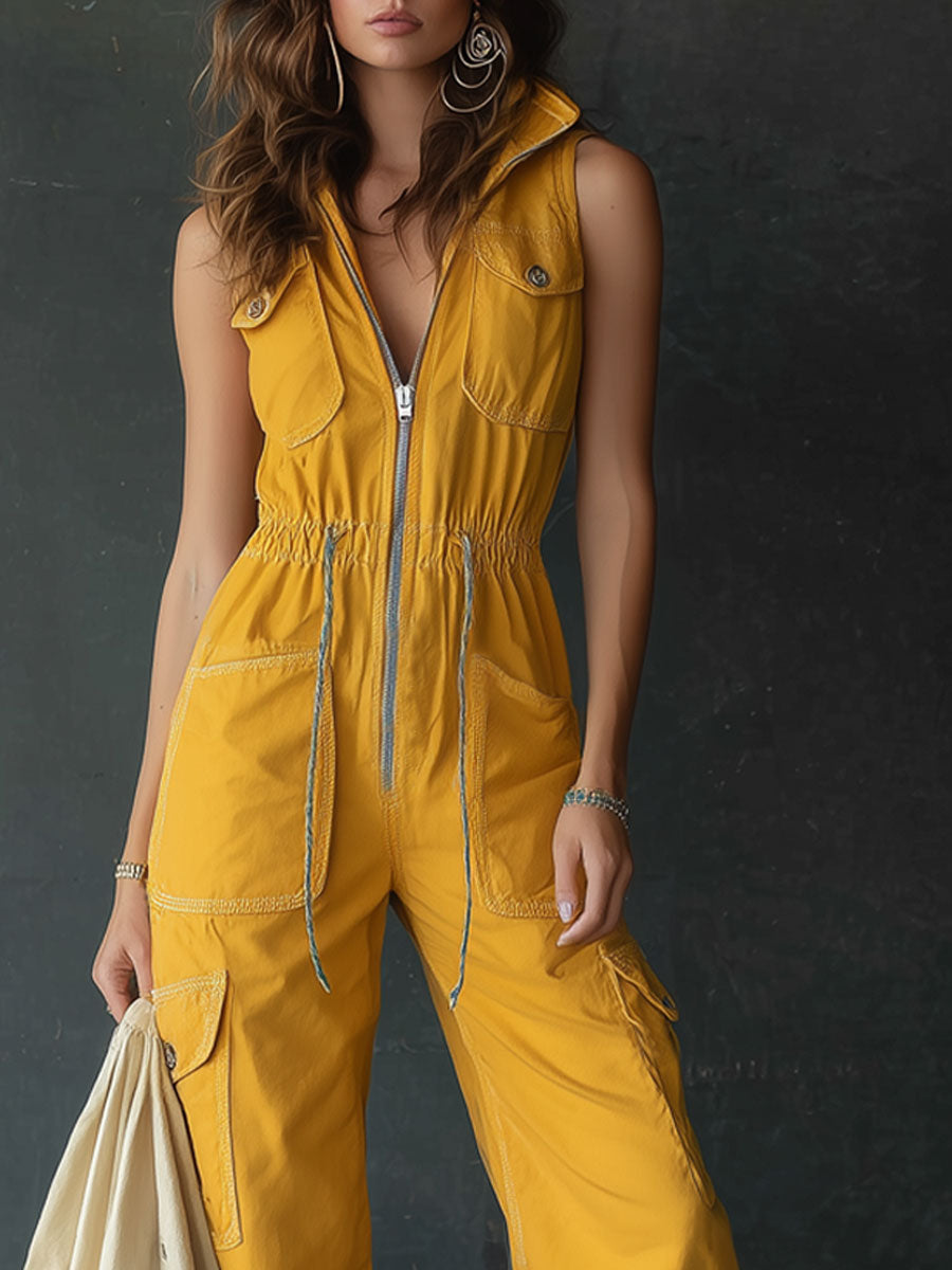 Casual Retro Sleeveless Zippered Yellow Cotton Jumpsuit