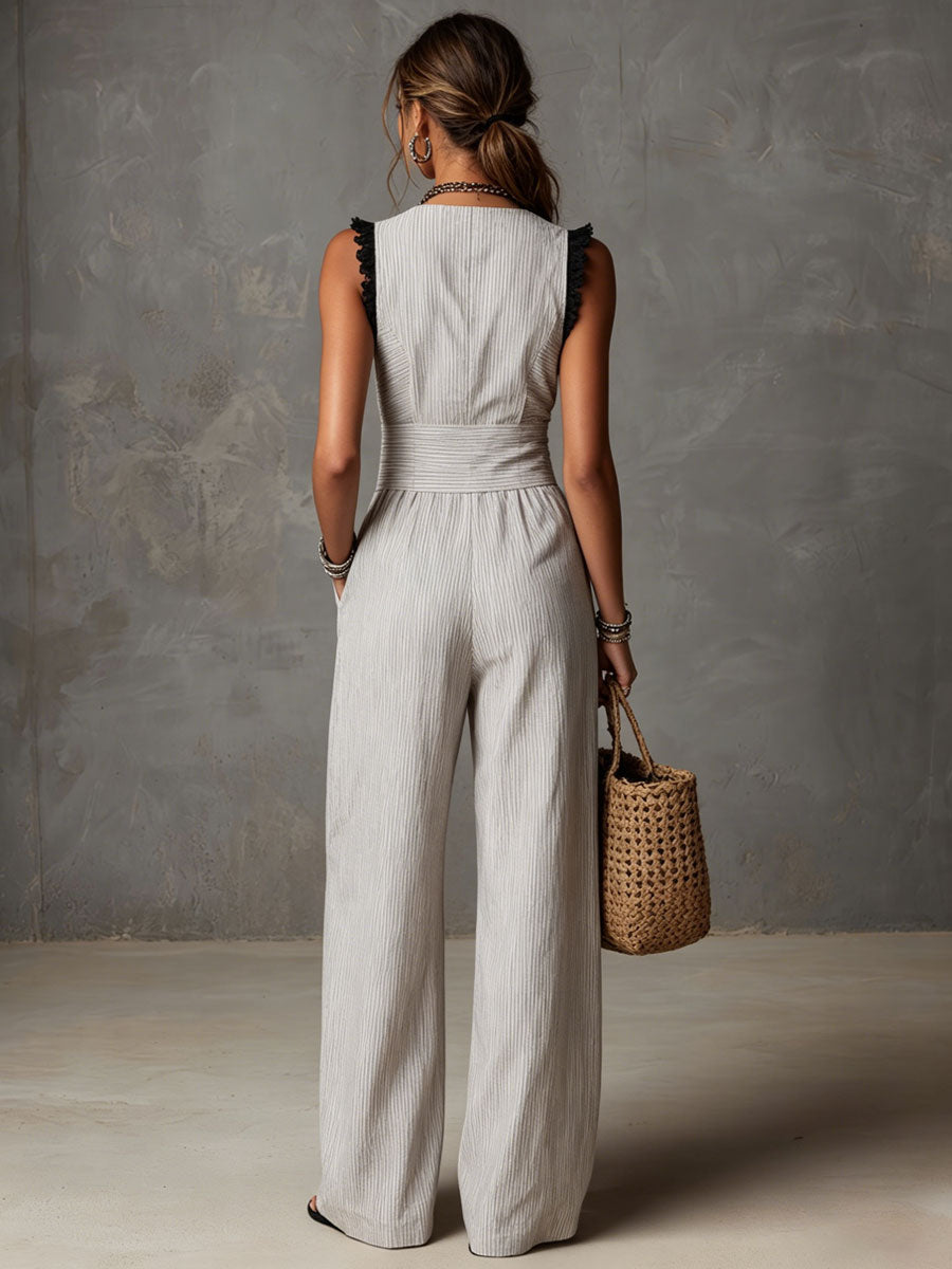 Casual Retro Lace Sleeveless Gray Striped Cotton And Linen Jumpsuit