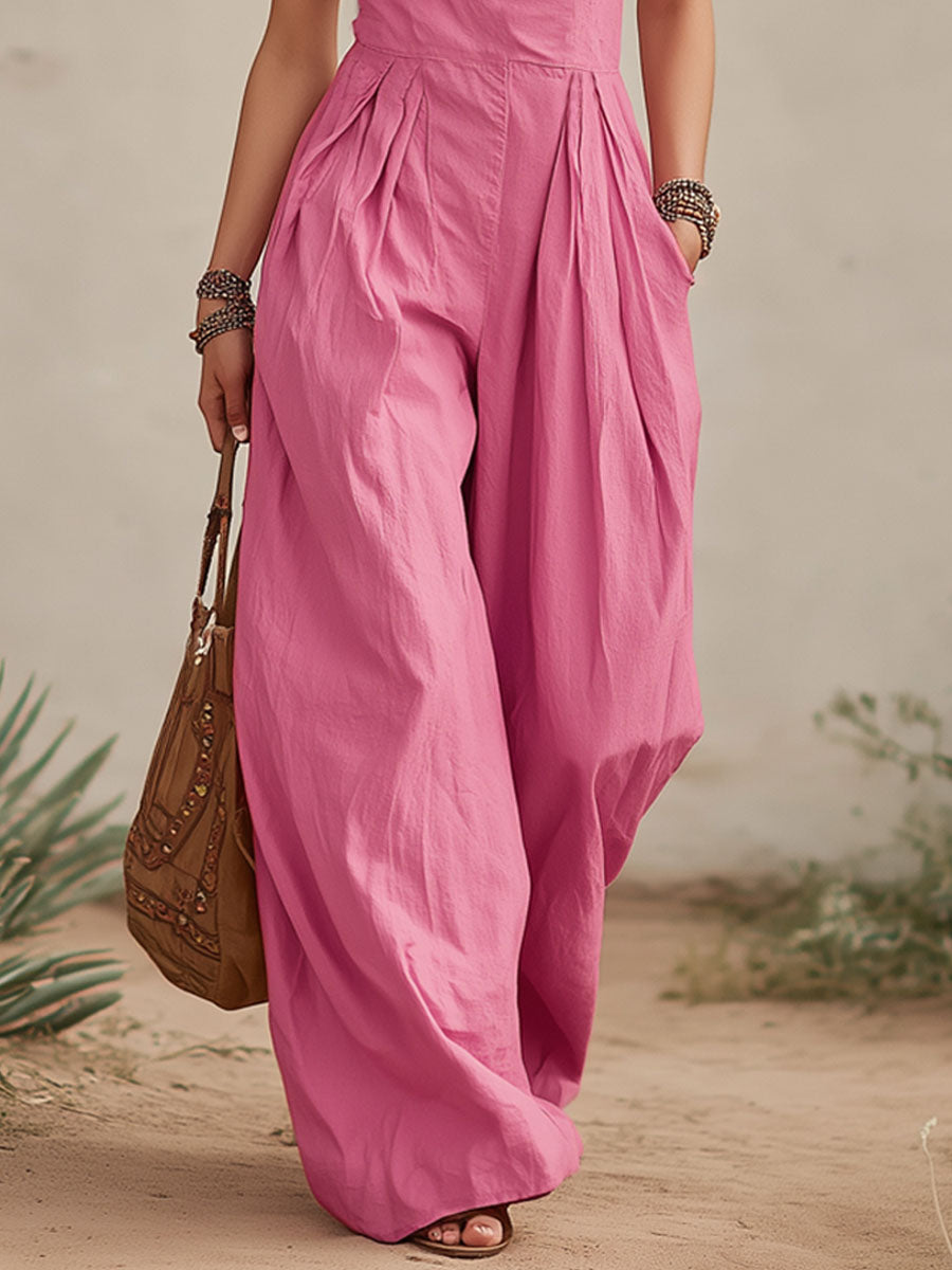 Solid Color One-shoulder Cotton Linen Sleeveless Wide-leg Jumpsuit