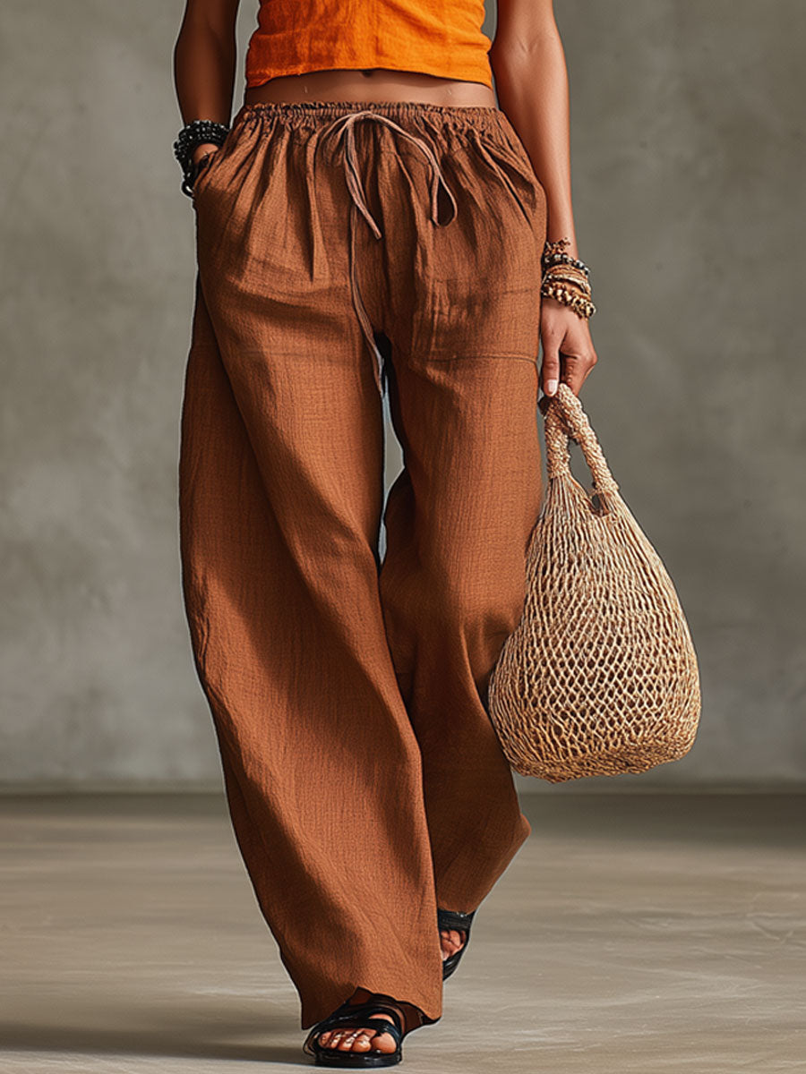 Casual Retro Orange Cotton Linen Sleeveless Halter Neck Vest And Wide-Leg Pants Set