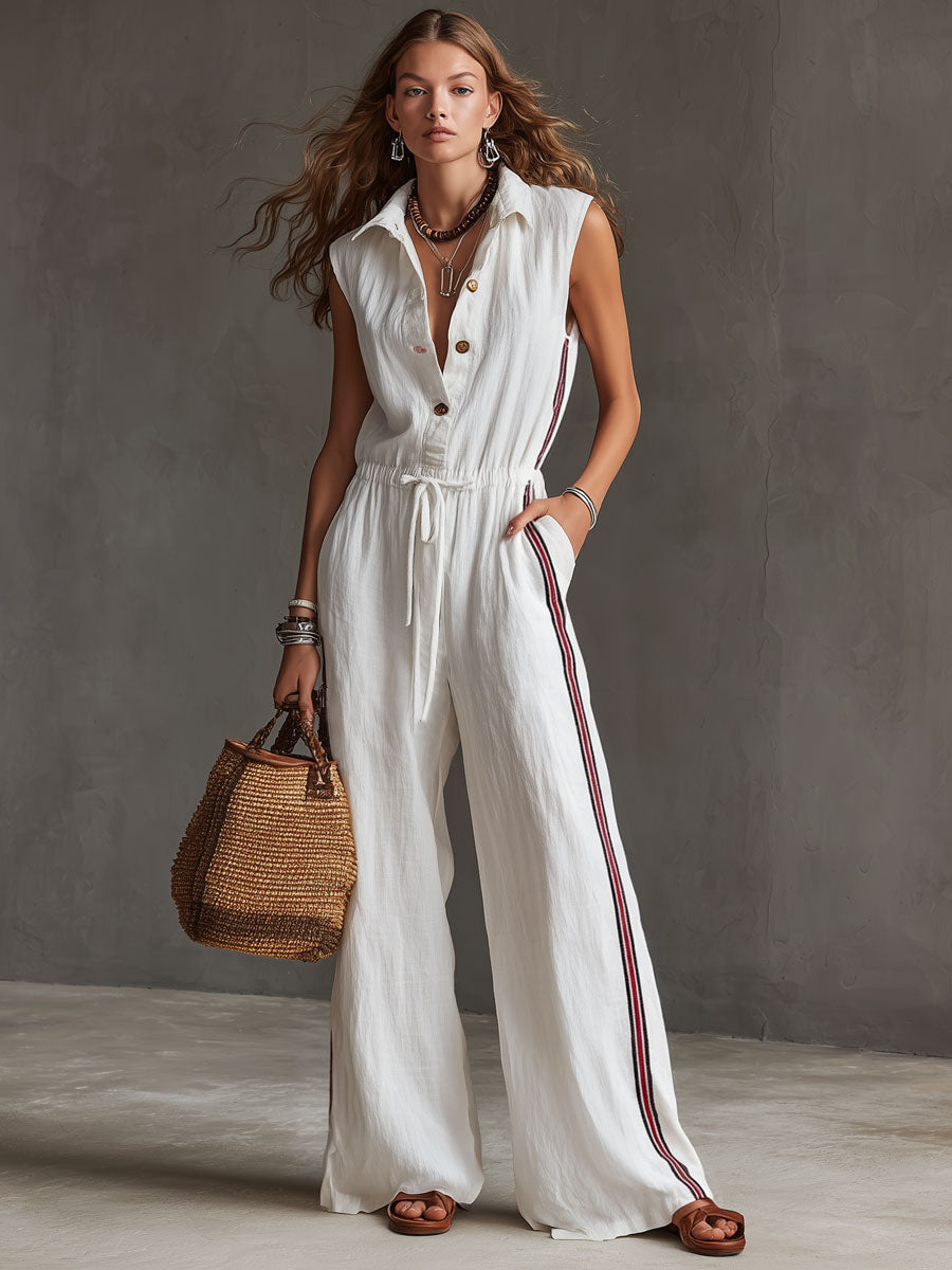 Casual Retro Striped Webbing White Cotton Linen Sleeveless Jumpsuit