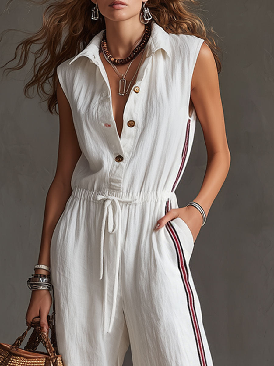 Casual Retro Striped Webbing White Cotton Linen Sleeveless Jumpsuit