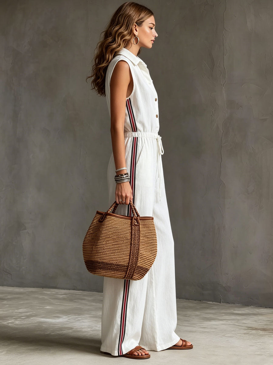 Casual Retro Striped Webbing White Cotton Linen Sleeveless Jumpsuit