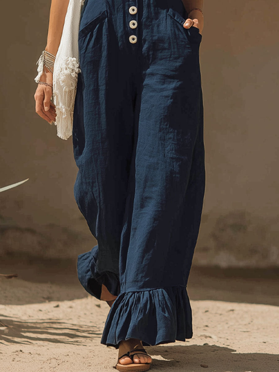 Retro Cotton And Linen Wide-strap Sleeveless Jumpsuit