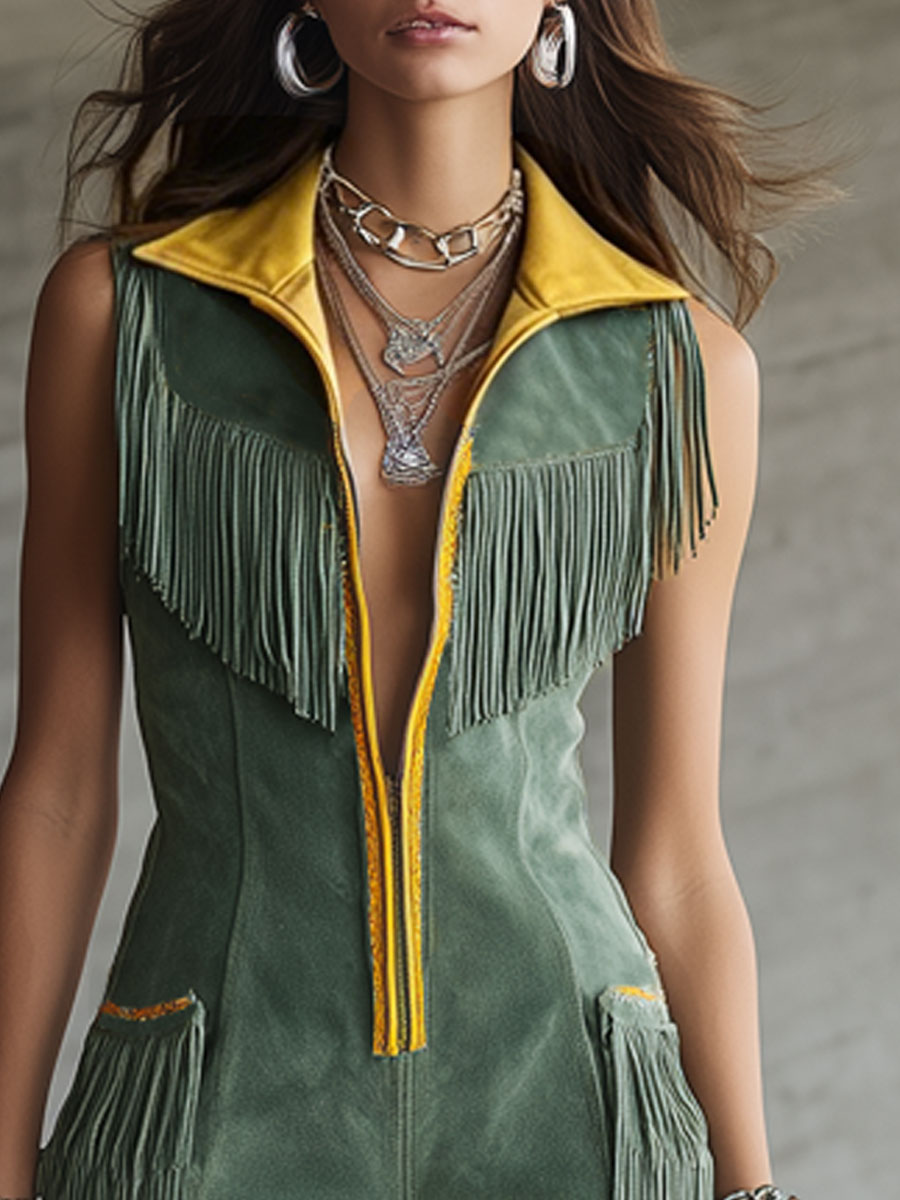 Western Retro Tassel Color Block Faux Suede Sleeveless Shorts Jumpsuit