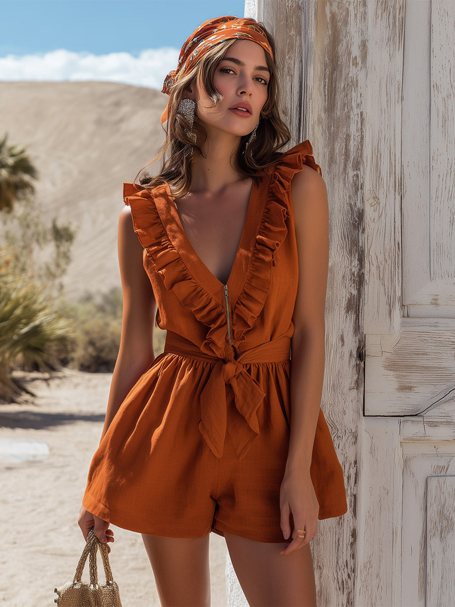 Retro-Elegant Ruffled Orange Cotton-Linen Sleeveless Romper Jumpsuit