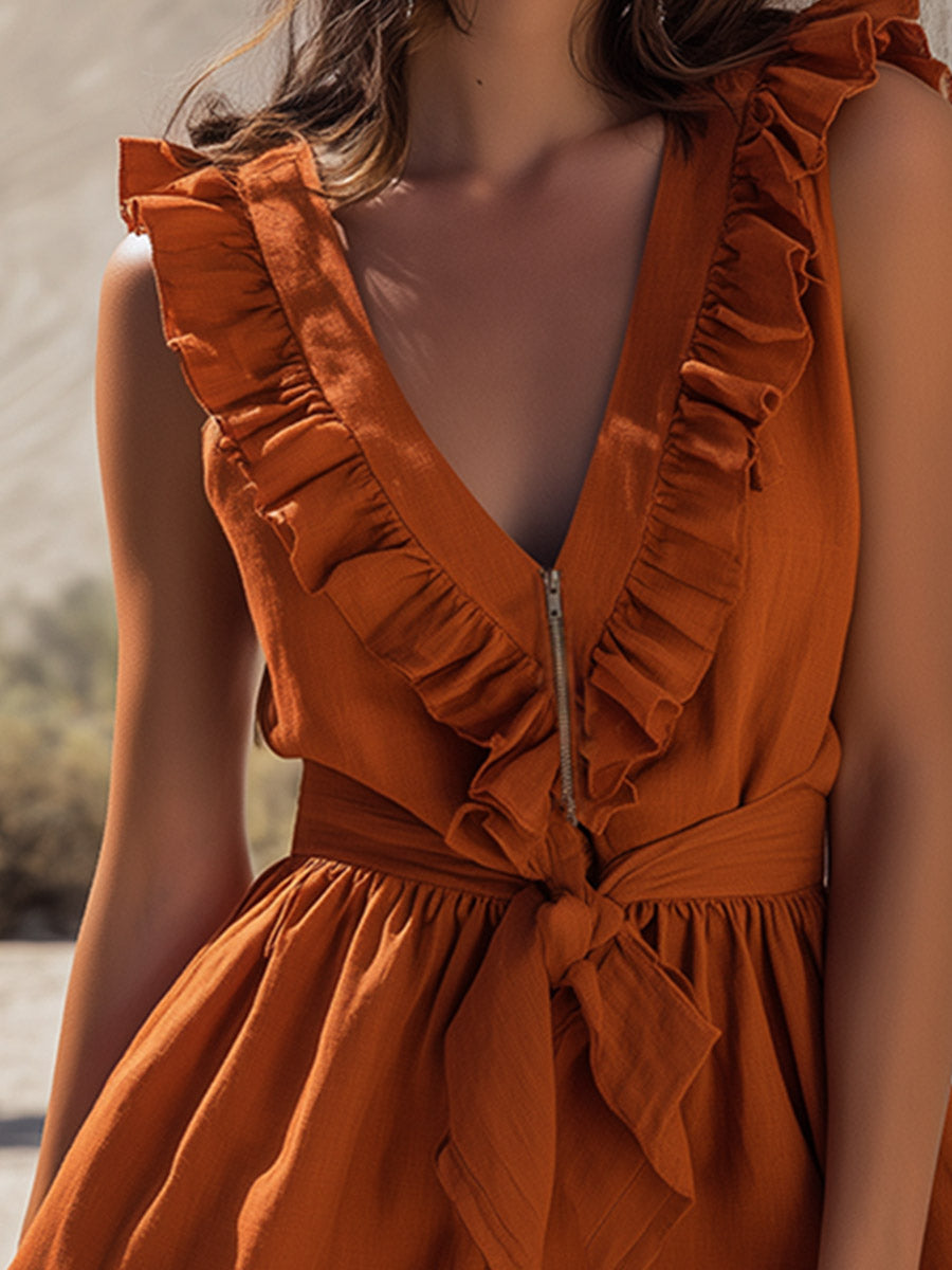 Retro-Elegant Ruffled Orange Cotton-Linen Sleeveless Romper Jumpsuit