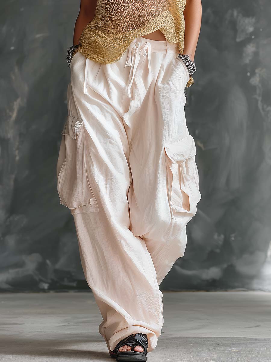 Casual Retro Lightweight Gold Open-Knit Hoodie Top And Off-White Cotton-Linen Pants Set