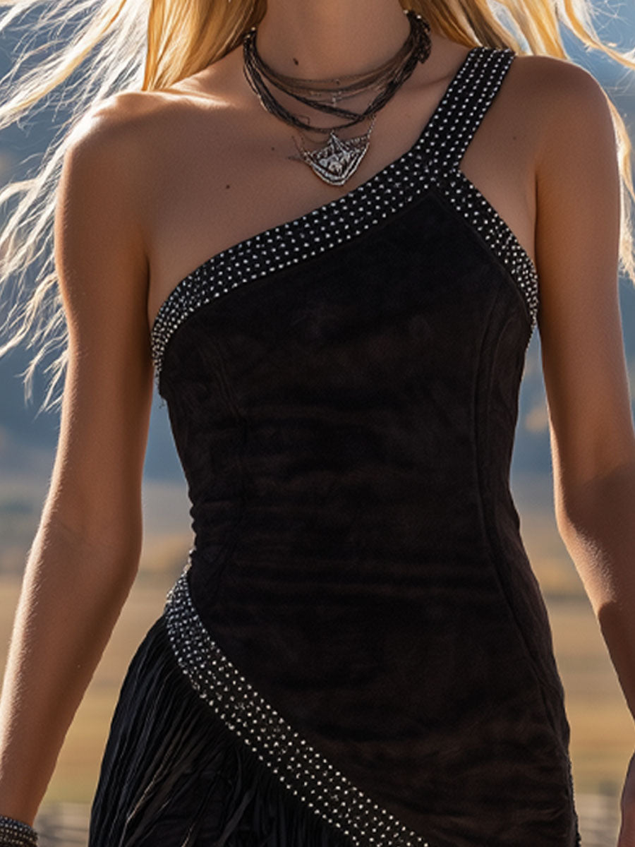 Retro Black Faux Suede Tassel One-shoulder Sleeveless Mini Dress