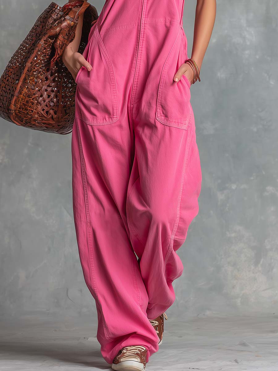 Casual Fashion V-Neck Front-Zip Vibrant Pink Denim Jumpsuit