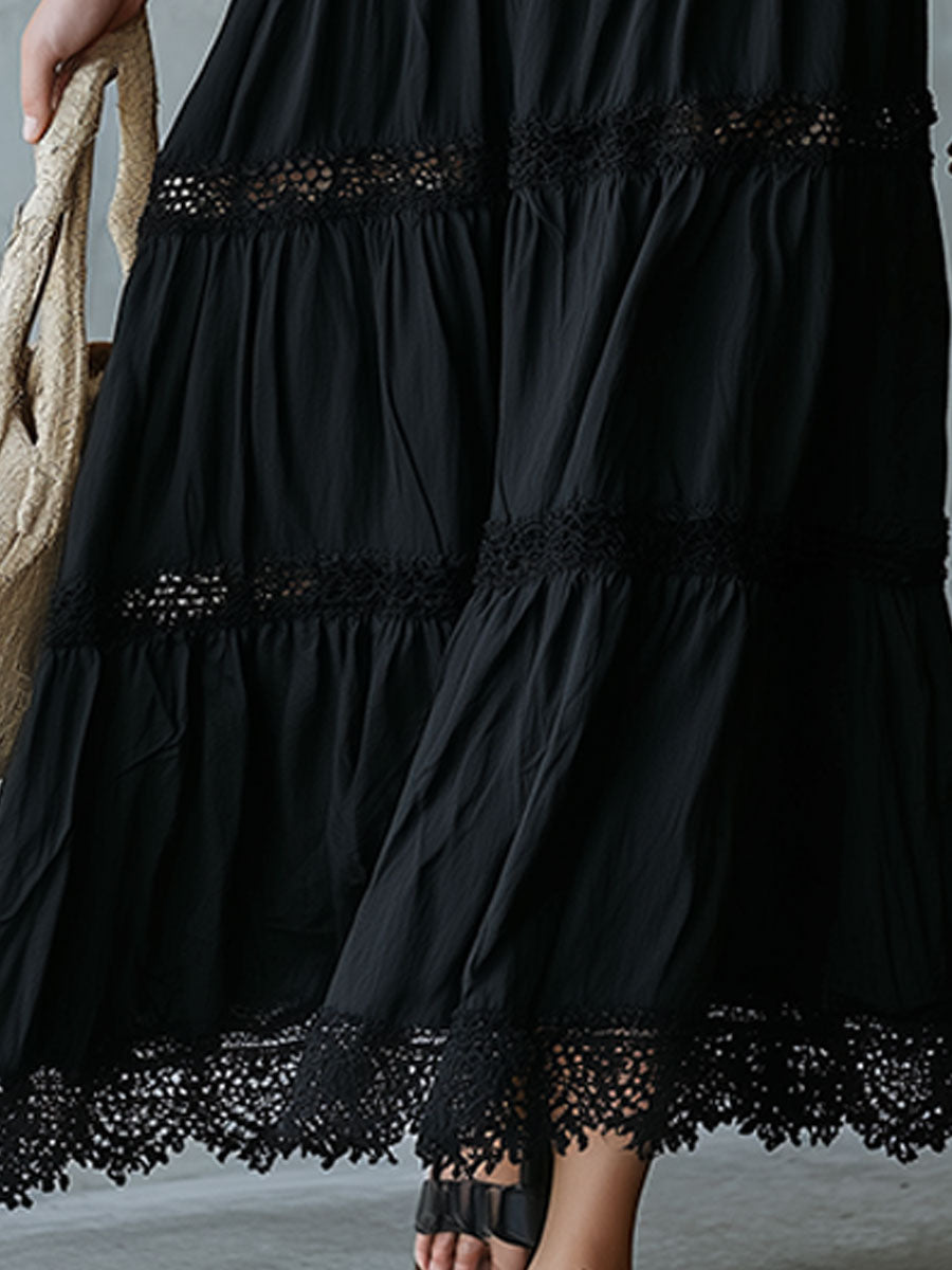 Retro Elegant Black Lace-trimmed Sleeveless Halter Neck Button Cotton Linen Maxi Dress