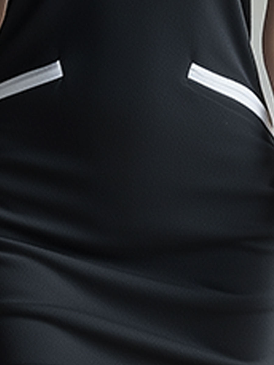 Casual Retro White-trimmed Black Stand-up Collar Half-zip Cotton Mini Dress