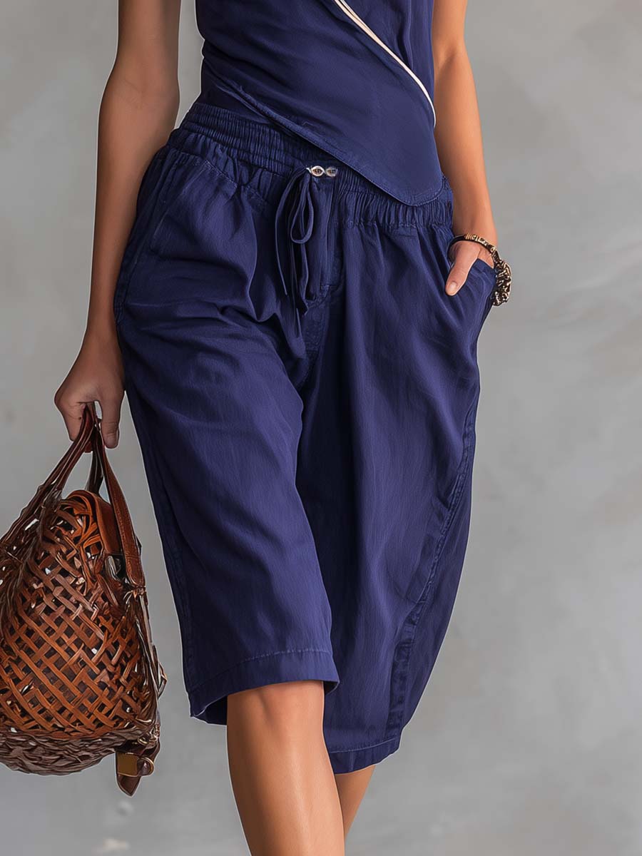 Retro Casual Navy V-Neck Asymmetrical Top And Bermuda Shorts Set