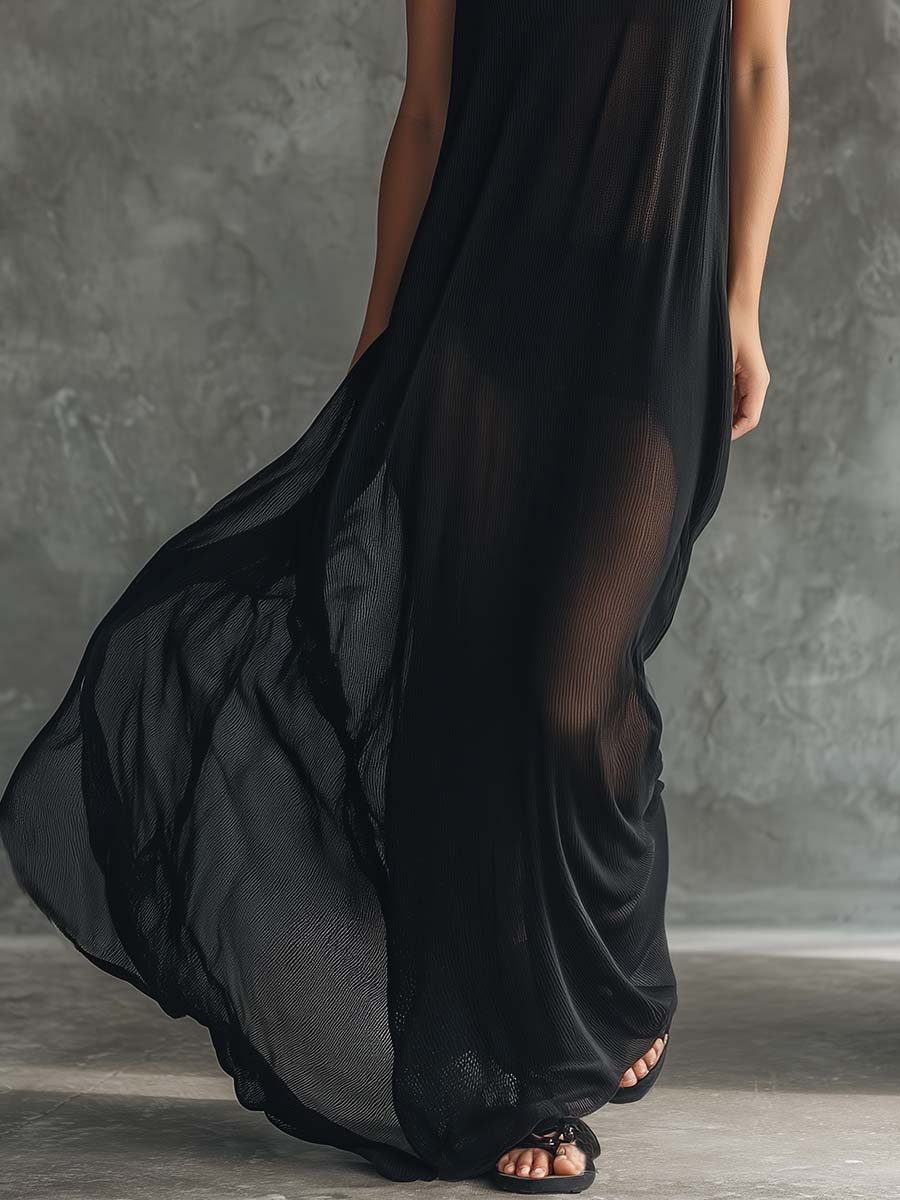 Fashion Sporty Hooded Black Mesh Maxi Dress