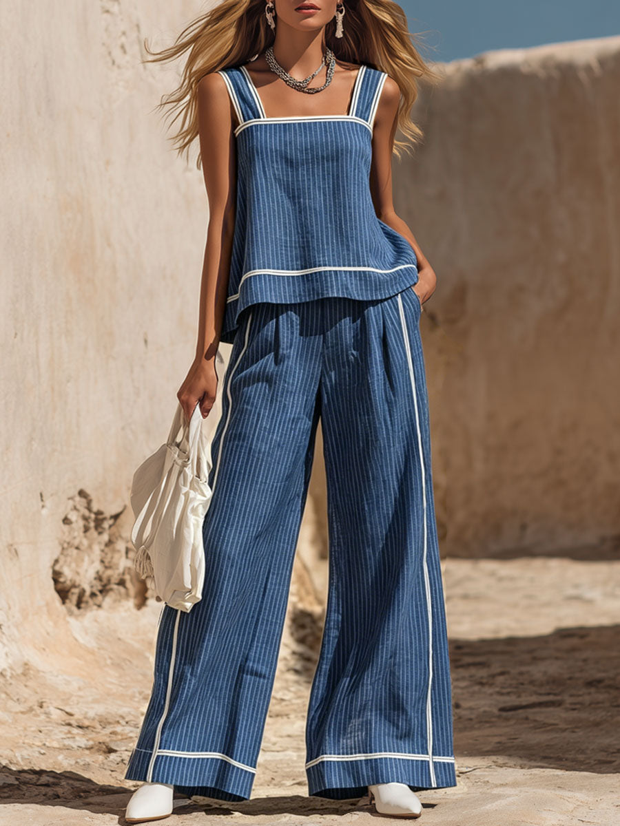 Color-blocked Striped Cotton Linen Sleeveless Top And Trousers Set