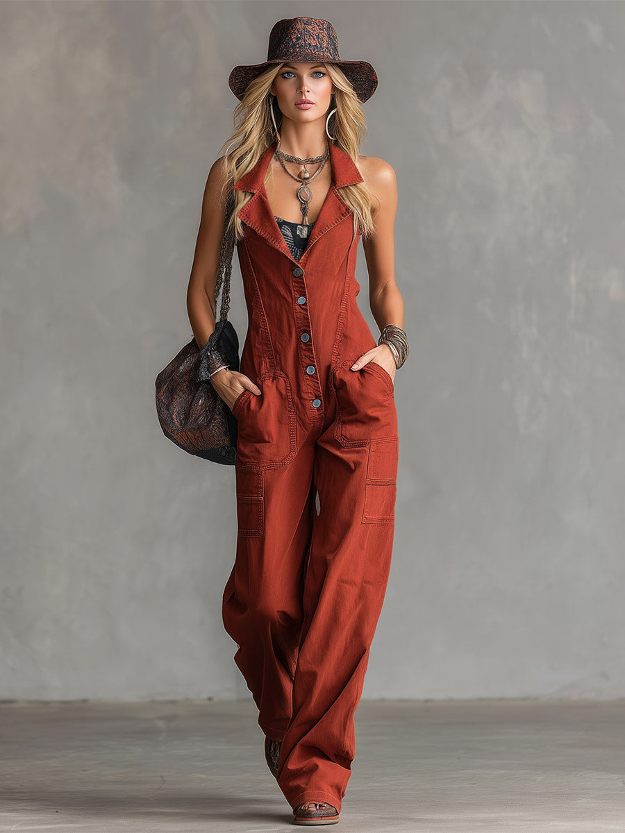 Retro-Chic Rust-Red Collared Denim Jumpsuit