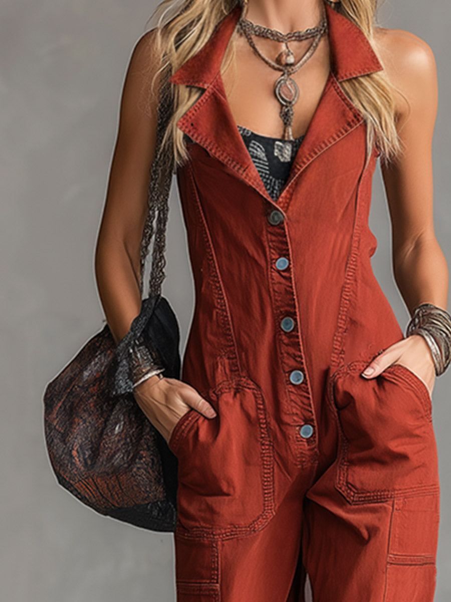 Retro-Chic Rust-Red Collared Denim Jumpsuit