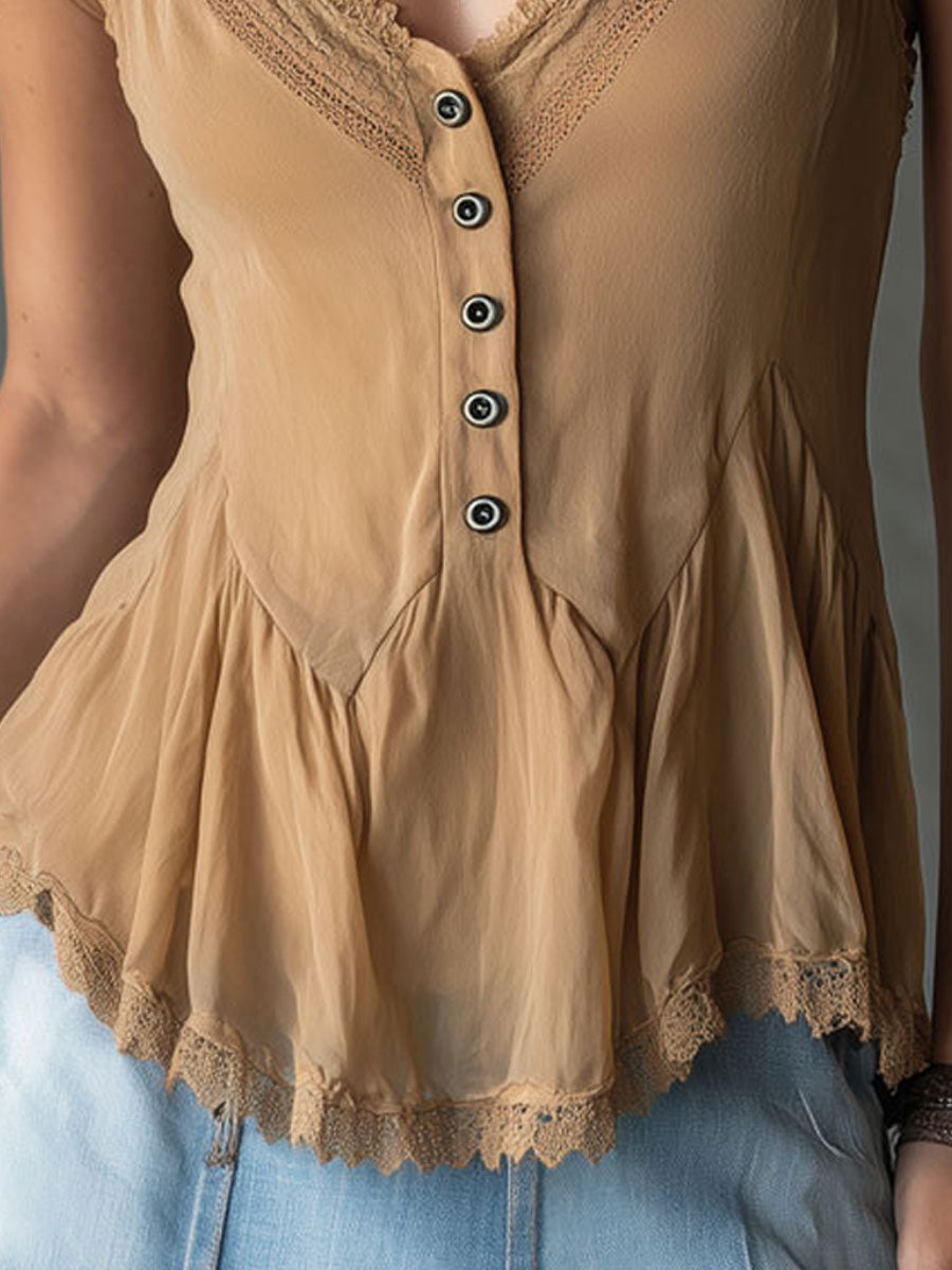 Vacation Retro Lace V-Neck Light Khaki Chiffon Ruffled Sleeveless Shirt