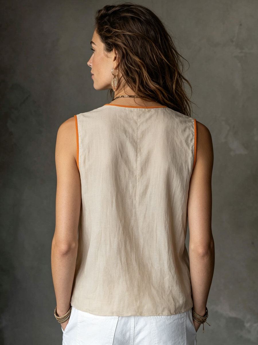 Ethnic Retro Half-Zip Embroidered Sand-Colored Cotton Linen Sleeveless Shirt