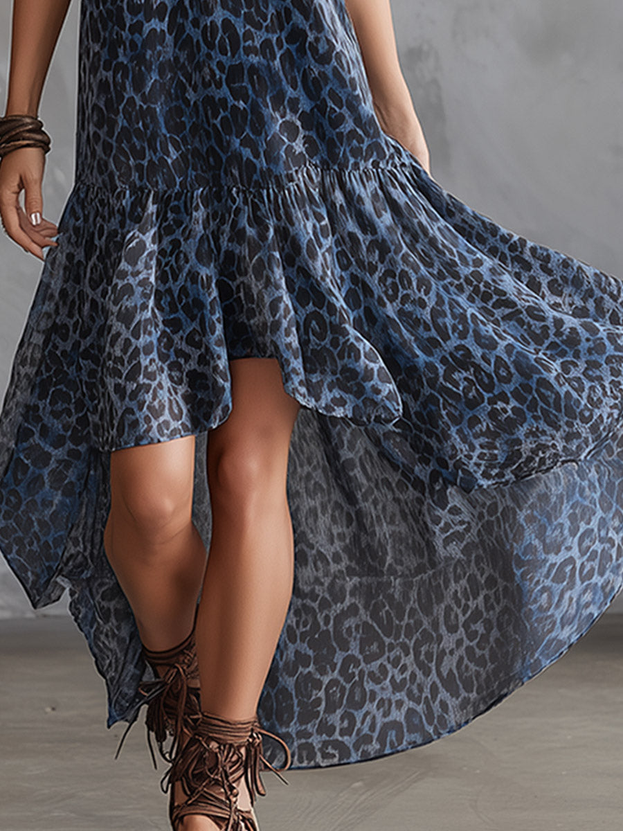 Retro-Chic Blue Leopard Print Chiffon Maxi Dress