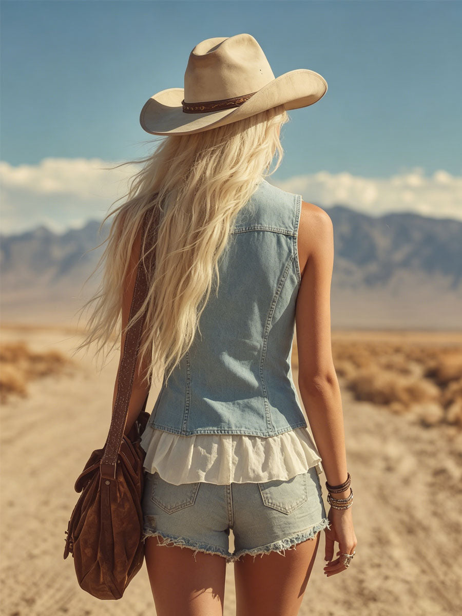 Retro Denim Patchwork Chiffon Sleeveless Vest