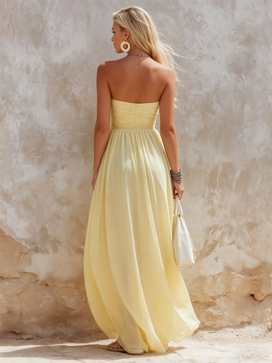 Elegant Light Yellow Elastic Waist Sleeveless Maxi Dress