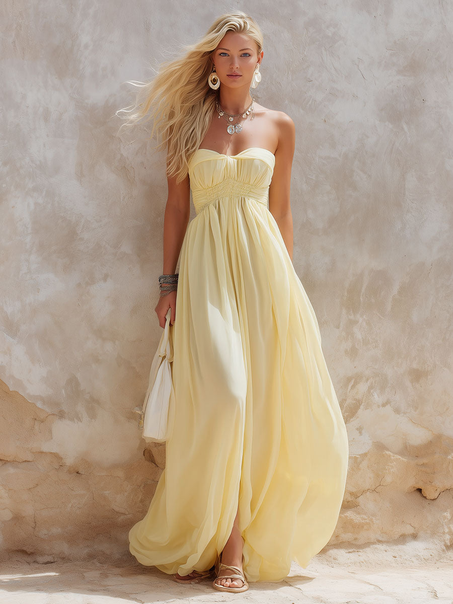 Elegant Light Yellow Elastic Waist Sleeveless Maxi Dress