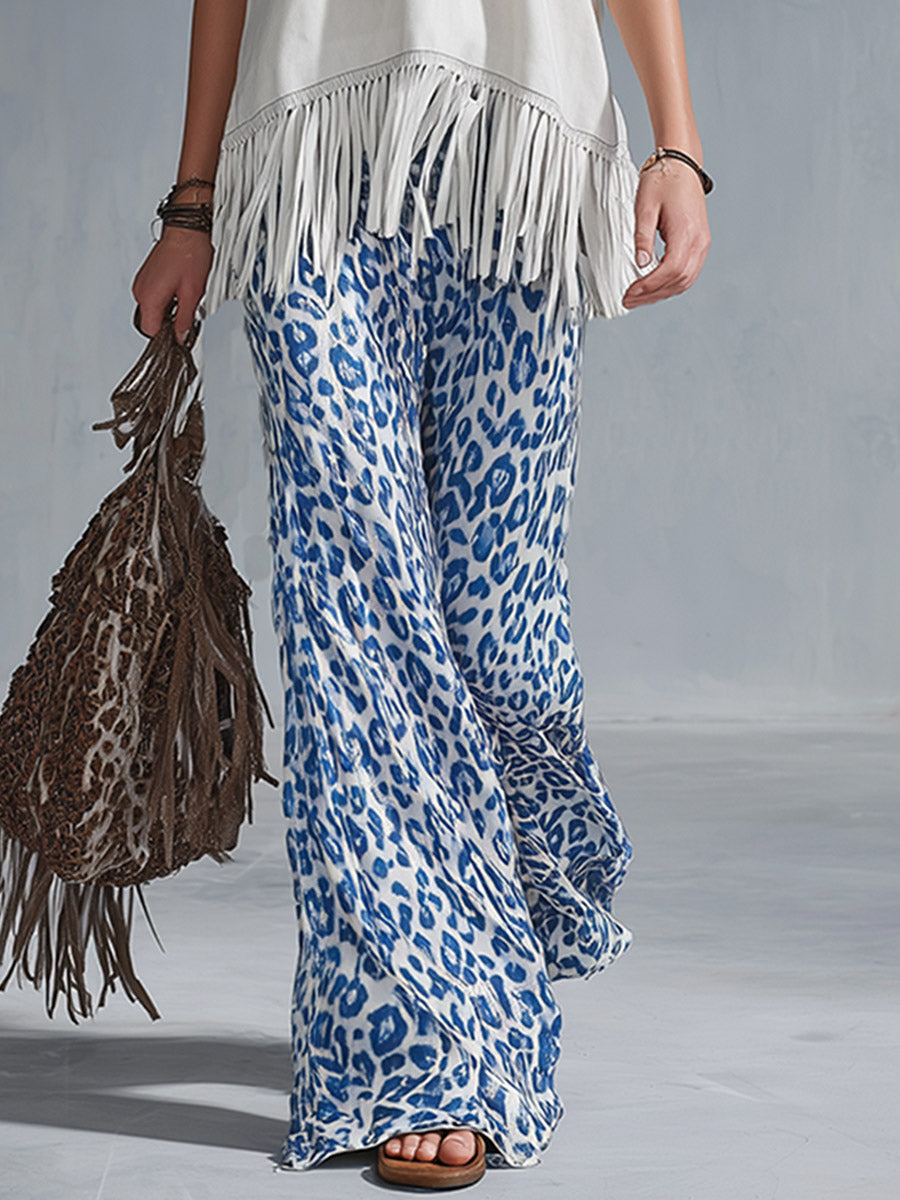 Elegant Urban White Faux Suede Fringe Top & Blue Leopard Print Chiffon Flared Pants Set