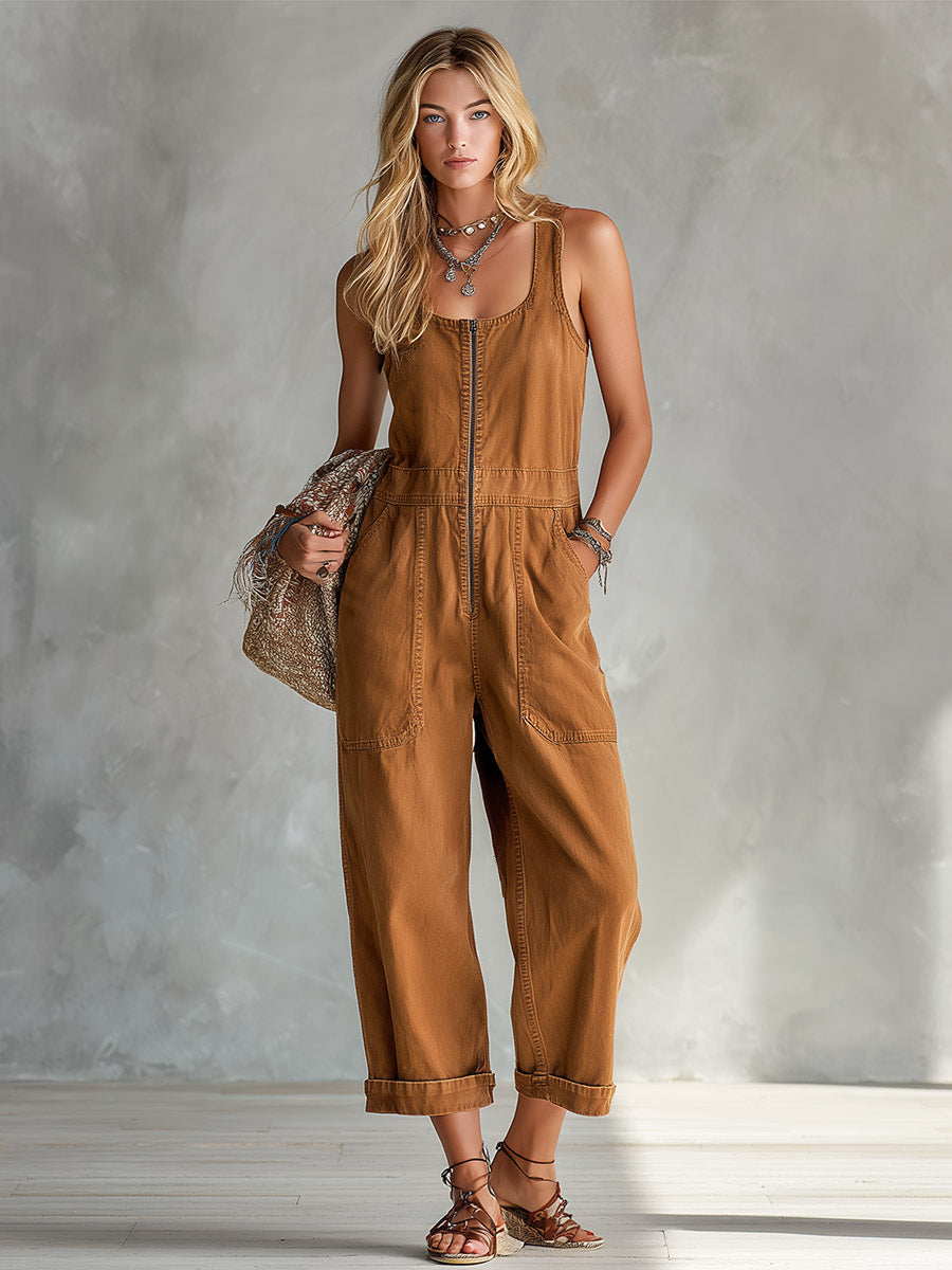 Retro Casual Caramel Brown Denim U-Neck Cropped Jumpsuit