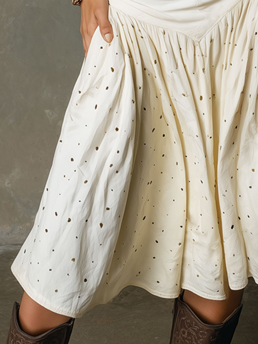 Western Retro Polka Dot Off-white Denim Pleated Midi Skirt