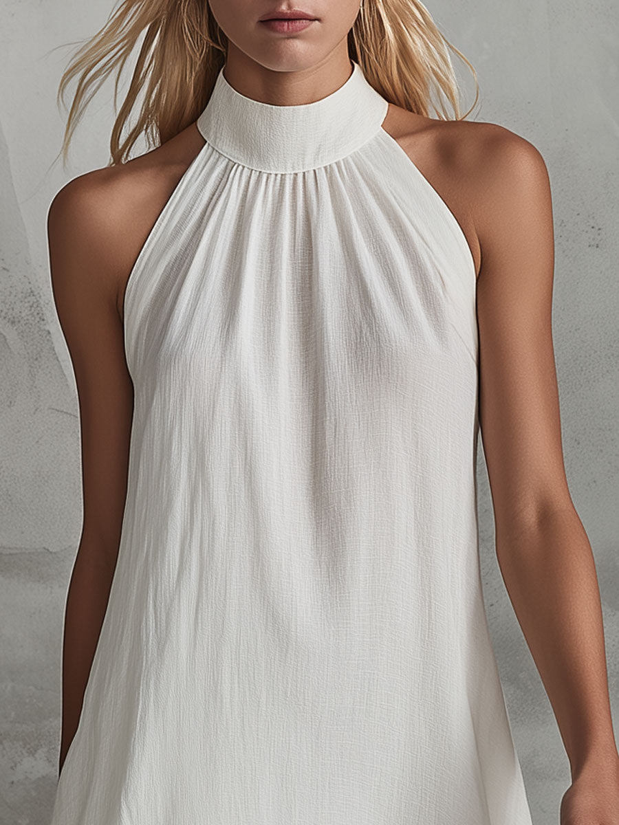 Retro-elegant White Sleeveless Ruffled Cotton-linen Midi Dress