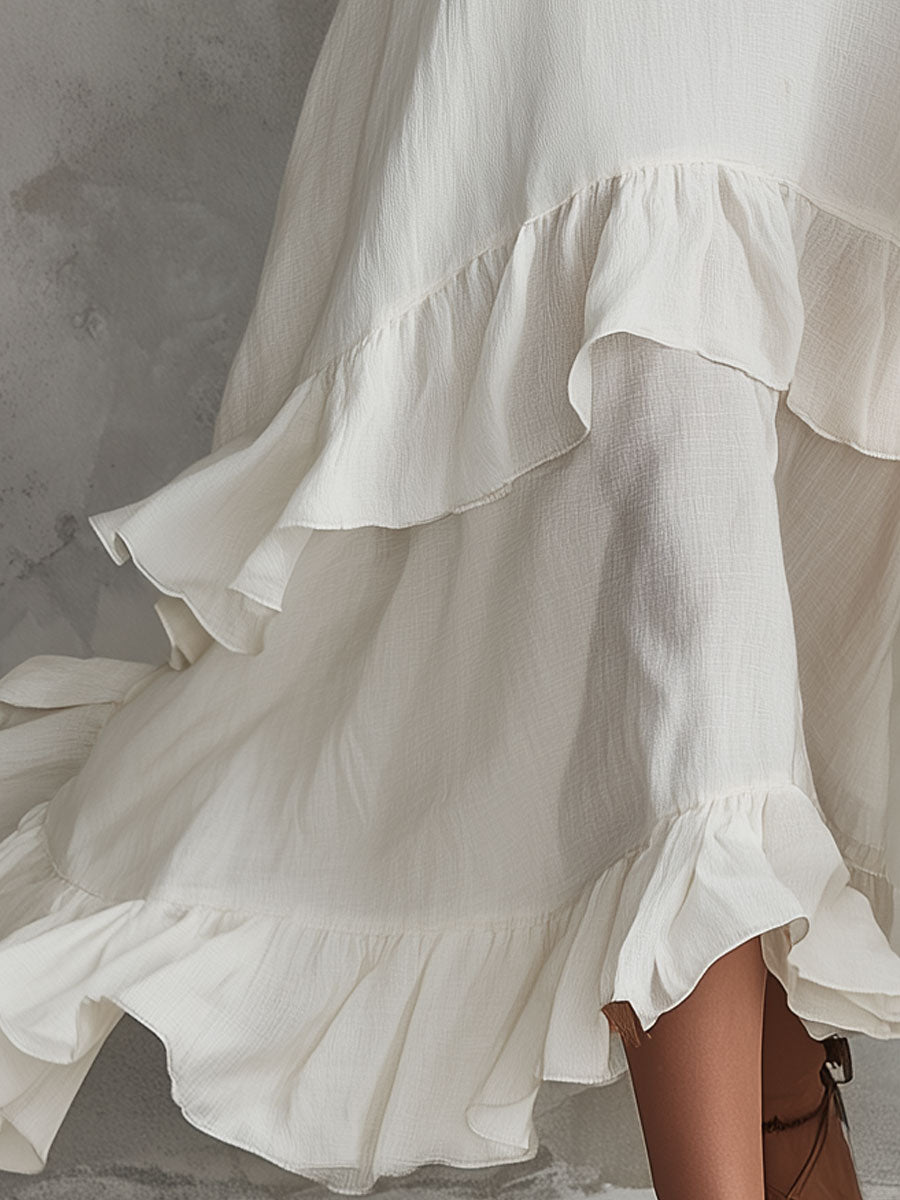 Retro-elegant White Sleeveless Ruffled Cotton-linen Midi Dress