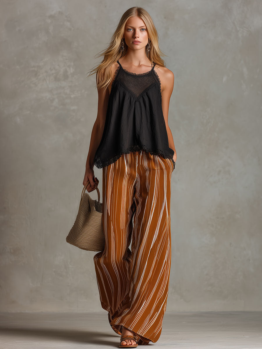 Vintage Lace Black Cotton Linen Camisole And Caramel Chiffon Trousers Set