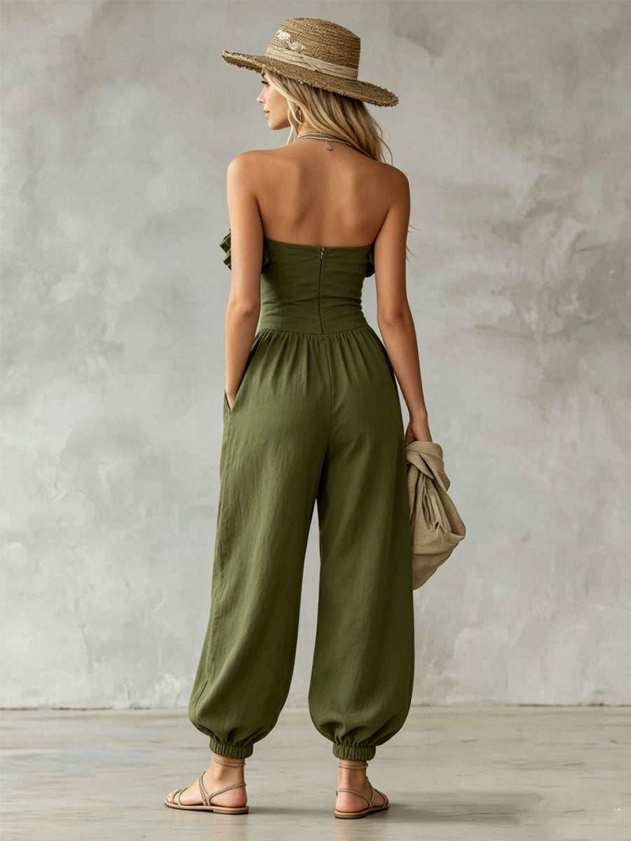 Solid Color Ruffled Sleeveless Cotton Linen Jumpsuit