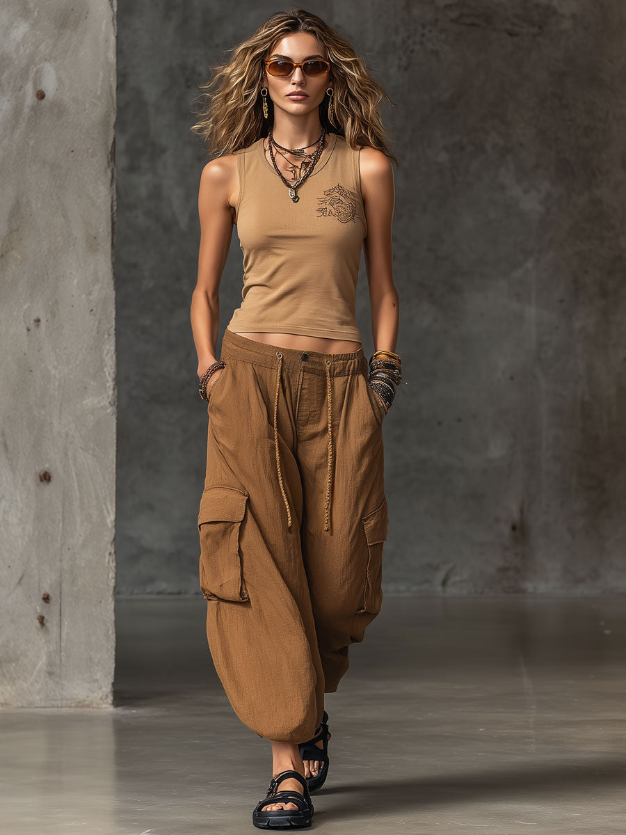 Casual Retro Embroidered Camel Cotton Vest Linen Workwear Balloon Pants Set