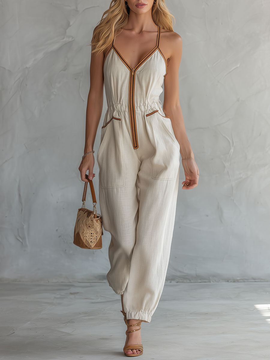 Retro Casual Color-blocked Beige Sleeveless V-neck Cotton And Linen Jumpsuit