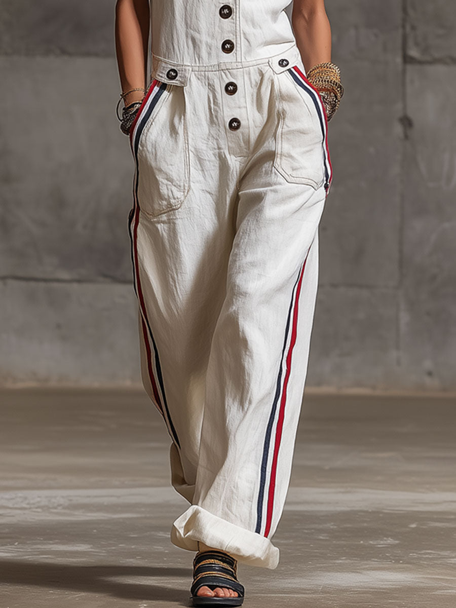 Casual Retro Striped Webbing White Cotton Linen Sleeveless Overalls Jumpsuit