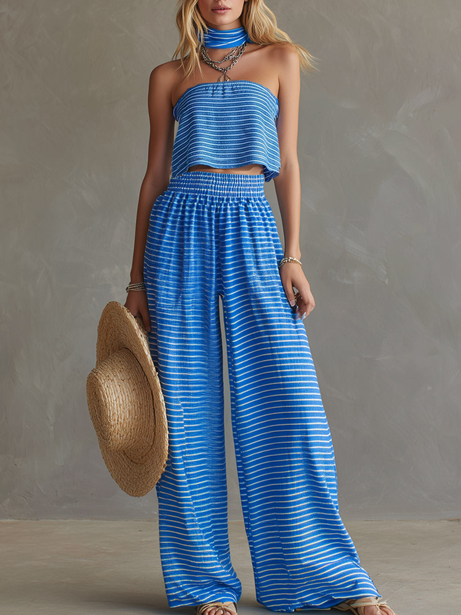 Chic Blue Striped Off-the-Shoulder Bandeau Top And Wide-Leg Pants Set
