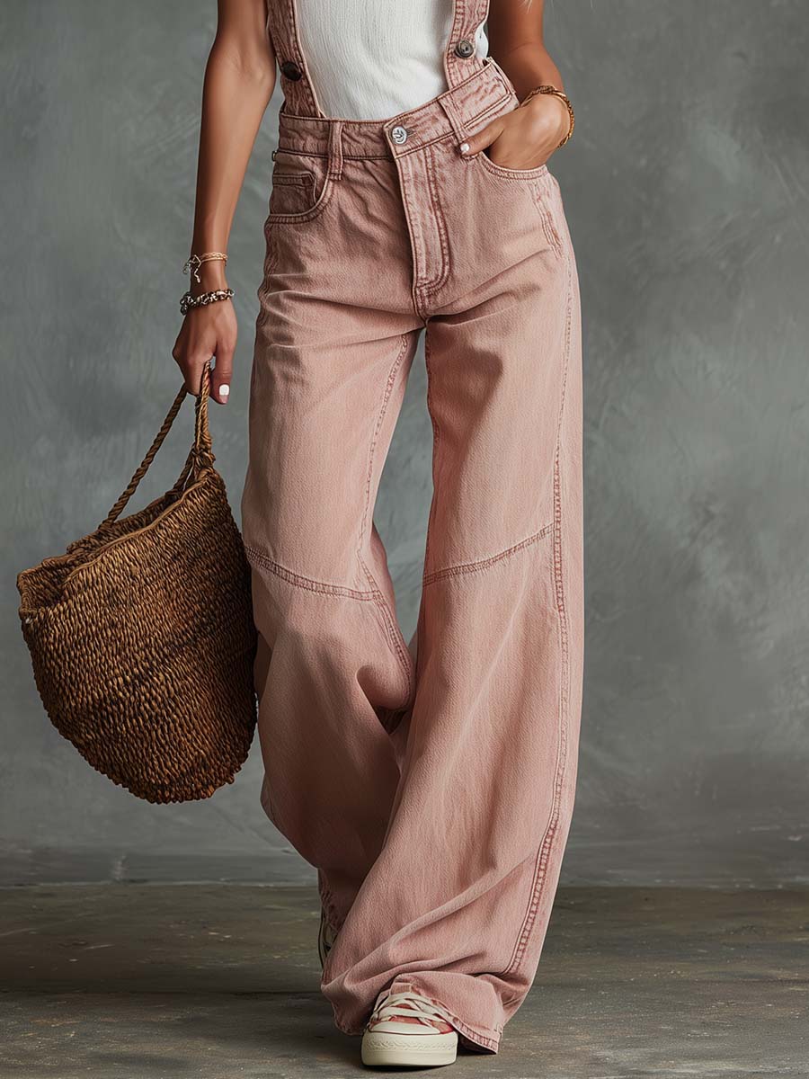 Retro-Chic Pink Distressed Denim Wide-Leg Overalls