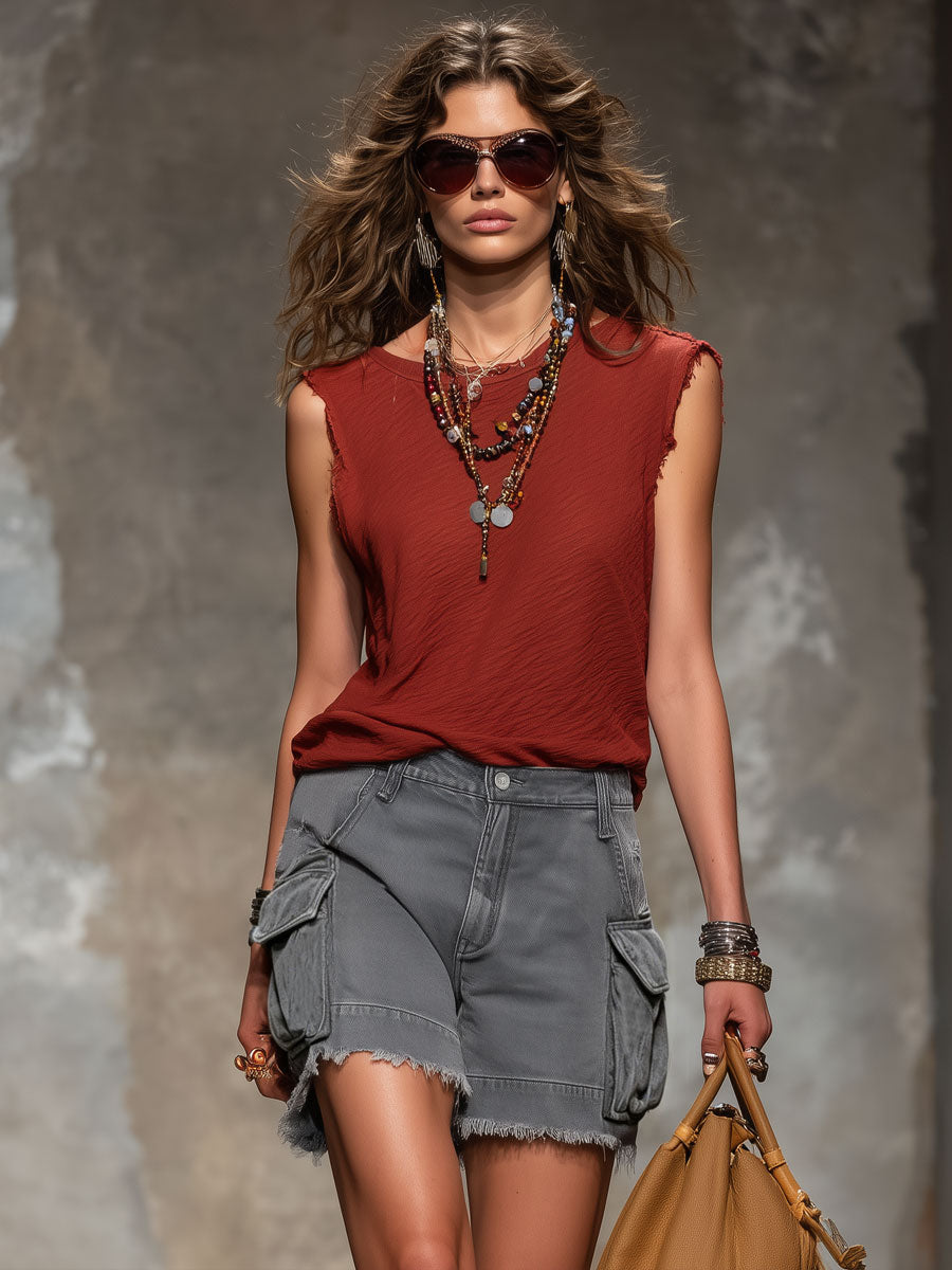 Casual Retro Gray Denim Frayed Edge 3D Pocket Shorts