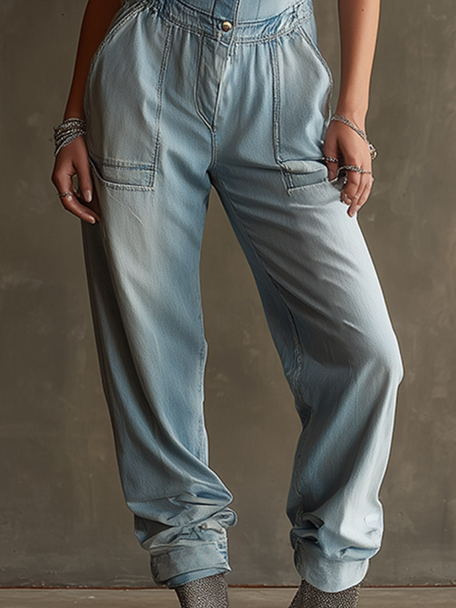 Retro-Chic Faux Fur Trim Distressed Blue Denim Jumpsuit