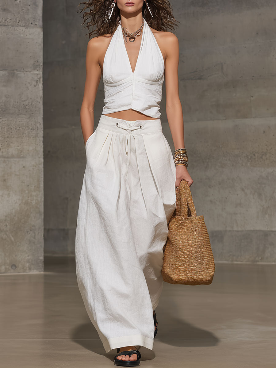 Casual Retro White Cotton Linen Sleeveless Wide-Leg Pants Set