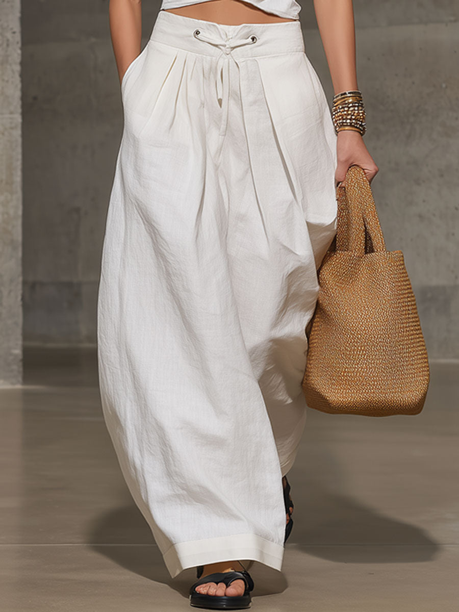 Casual Retro White Cotton Linen Sleeveless Wide-Leg Pants Set