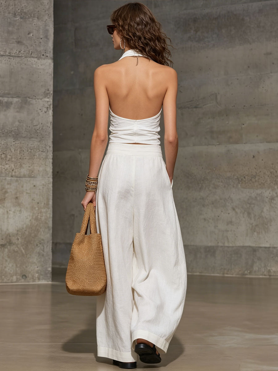 Casual Retro White Cotton Linen Sleeveless Wide-Leg Pants Set
