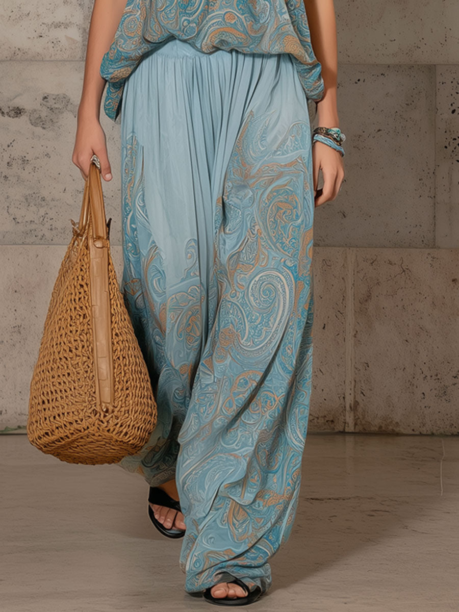 Retro Square Neck Lake Blue Paisley Chiffon Suspender Pants Set