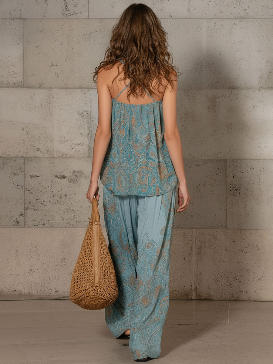 Retro Square Neck Lake Blue Paisley Chiffon Suspender Pants Set