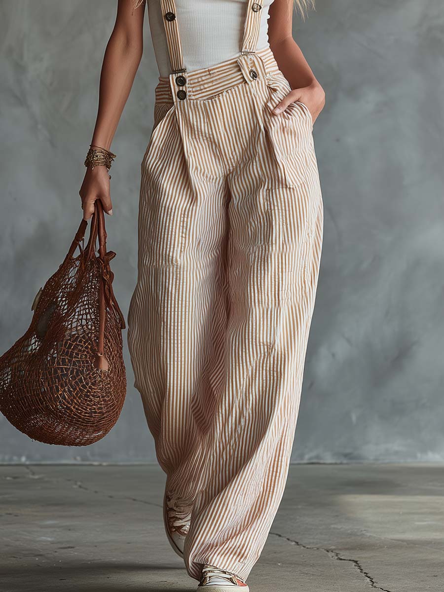 Retro Casual Yellow And White Striped Wide-leg Pants Overalls