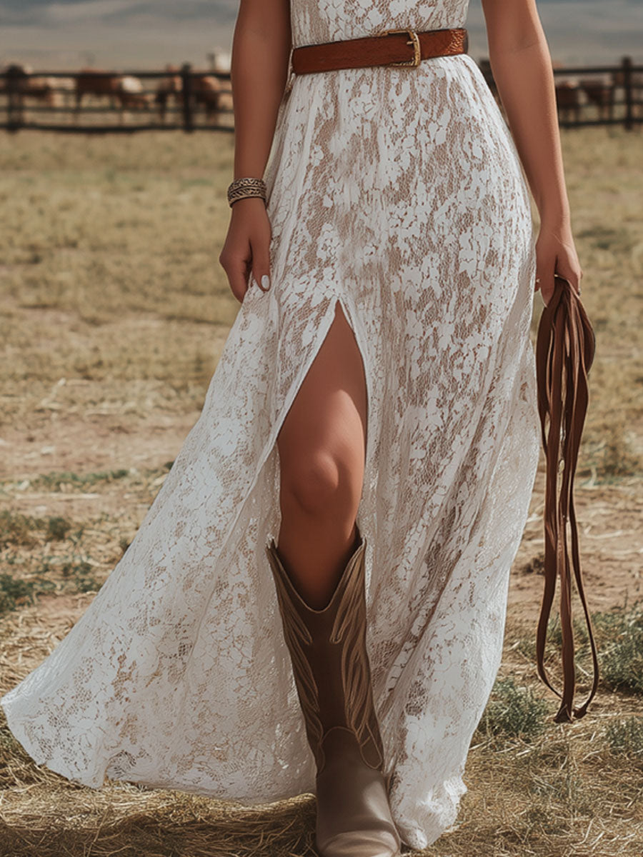 One-shoulder Asymmetrical Neckline Sleeveless Side Slit Floral Lace Maxi Dress