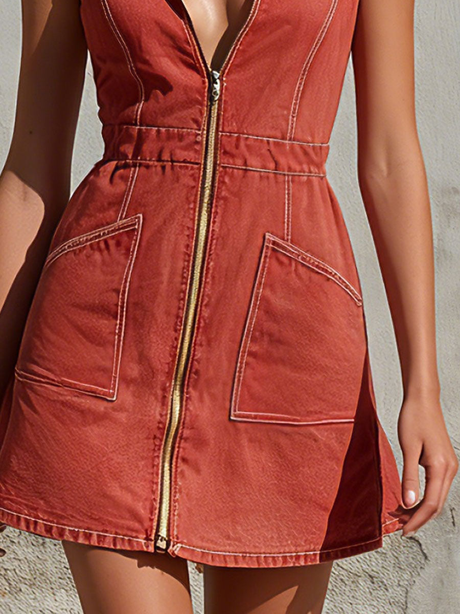 Retro Casual Red Sleeveless Collared Denim Mini Dress