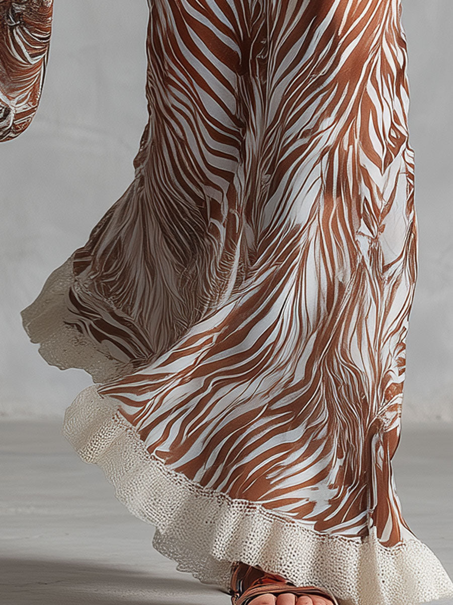 Retro Red Sleeveless Knit Vest And Zebra-print Chiffon Lace Flared Pants Set